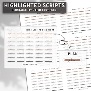 Peut inclure: Autocollants de planificateur imprimables avec le mot "PLAN" écrit en écriture cursive. Les autocollants sont de différentes couleurs, notamment le brun, le noir et le blanc. Les autocollants sont conçus pour être utilisés dans un planificateur ou un journal.