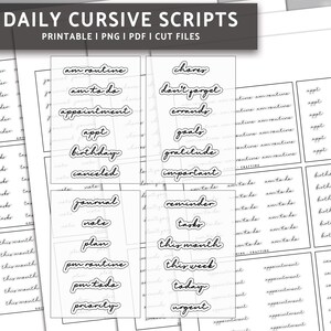 May include: Printable planner stickers with cursive text in black on a white background. The stickers include words like "reminder", "appointment", "birthday", "canceled", "journal", "note", "plan", "am routine", "pm routine", "pm todo", "priority", "urgent", "chores", "don't forget", "errands", "goals", "gratitude", "important", "tasks", "this month", "this week", "today", "appt".