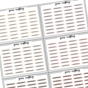 May include: A sheet of printable stickers with the text "gains crafting" and "workout" repeated in a grid pattern. The stickers are in a light brown colour with black text.