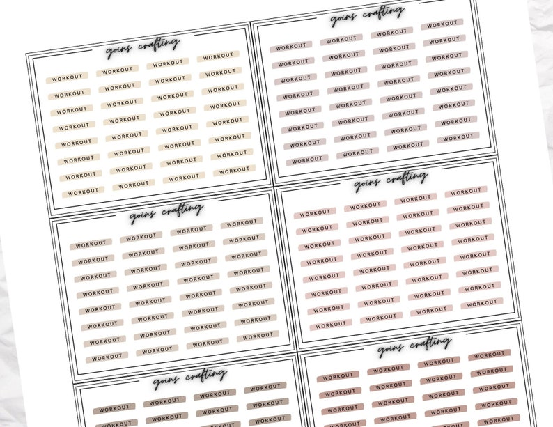 May include: A sheet of printable stickers with the text "gains crafting" and "workout" repeated in a grid pattern. The stickers are in a light brown colour with black text.