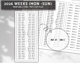 2026 weeks Mon - Sun BOLD font, minimal planner stickers, journal stickers, digital stickers, bullet journal, hobonichi
