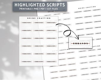 May include: Printable planner stickers with the word "ERRANDS" in black text on a white background with a thin pink line above and below the text. The stickers are arranged in rows and columns on a white sheet of paper.