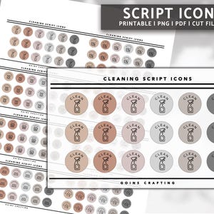 May include: A set of printable cleaning script icons in various colors, including brown, gray, and pink. The icons feature a simple line drawing of a spray bottle with the word "CLEAN" written above it. The icons are designed for use in planners, journals, and other organizational tools.
