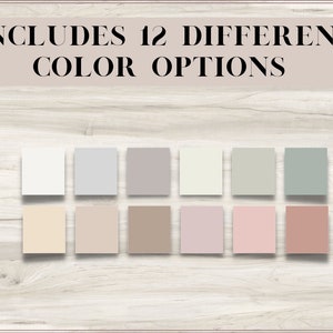 May include: A color palette of 12 different shades, including white, gray, beige, brown, pink, and green.  The colors are displayed in a grid on a woodgrain background.  "INCLUDES 12 DIFFERENT COLOR OPTIONS" is written at the top of the image.