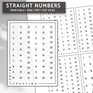 May include: A printable sheet of straight numbers from 1 to 31, arranged in a grid pattern. The numbers are in white circles on a black background. The sheet is labeled "Straight Numbers" and "Printable | PNG | PDF | Cut Files".