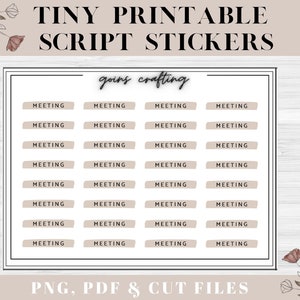 Puede incluir: Pegatinas imprimibles de escritura con el texto "goins crafting" y la palabra "MEETING" repetida 36 veces en una cuadrícula. Las pegatinas son beige con texto negro. La imagen tiene un diseño floral en la parte superior e inferior.