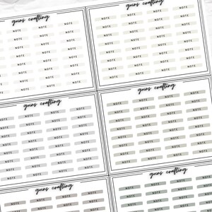 May include: A sheet of printable planner stickers with the text "going crafting" in a black and white font. The stickers are rectangular and have a gray background with the word "NOTE" printed in black on each sticker.