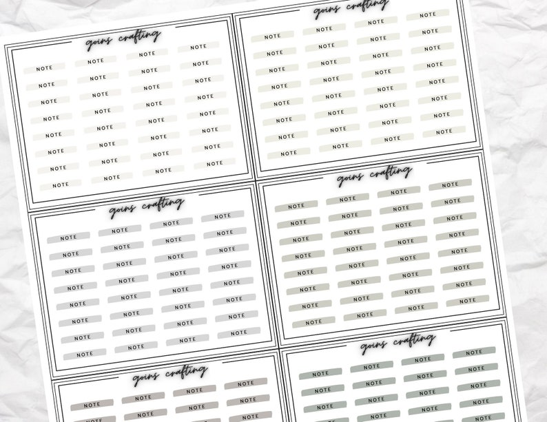 May include: A sheet of printable planner stickers with the text "going crafting" in a black and white font. The stickers are rectangular and have a gray background with the word "NOTE" printed in black on each sticker.