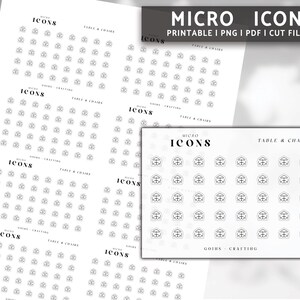 Könnte beinhalten: Druckbare Seite mit 64 kleinen schwarz-weißen Symbolen, die einen Tisch und Stühle darstellen. Die Seite ist mit "Micro Icons" und "Tisch & Stühle" beschriftet.