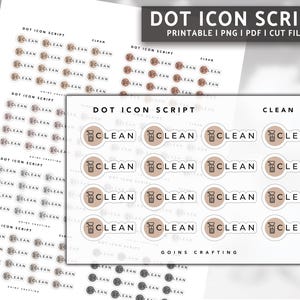 May include: A printable sheet of 12 brown and white "CLEAN" stickers with a spray bottle icon. The stickers are designed for use in a planner or bullet journal.