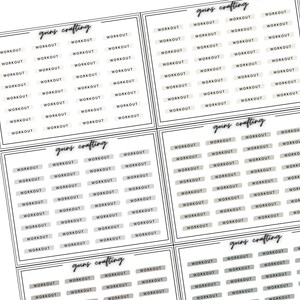 May include: A sheet of printable stickers with the text "gains crafting" and "workout" repeated in a grid pattern. The stickers are in a light grey colour with black text.