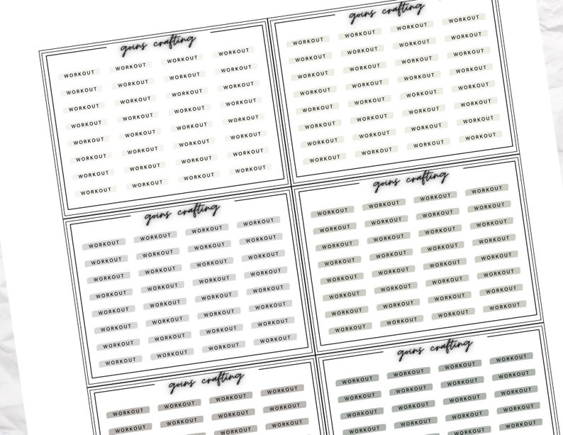 May include: A sheet of printable stickers with the text "gains crafting" and "workout" repeated in a grid pattern. The stickers are in a light grey colour with black text.