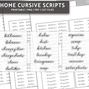 May include: Printable home chore checklist stickers with cursive script text. The stickers include phrases like "bathroom", "bedroom", "change filter", "change sheets", "clean", "declutter", "dishes", "dust", "kitchen", "laundry", "living room", "map", "organize", "sweep", "tidy", "trash day", "vacuum", and "water plants".