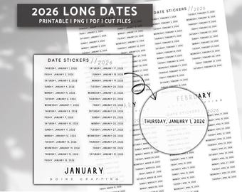 2026 LONG date stickers straight, minimal planner stickers, journal stickers, functional stickers, digital stickers, bullet journal