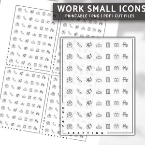 Puede incluir: Una hoja imprimible de pequeños iconos de trabajo. Los iconos incluyen un teléfono, un buzón, un calendario, una computadora y un escritorio. La hoja está etiquetada como "Work Small Icons" y "Printable | PNG | PDF | Cut Files".