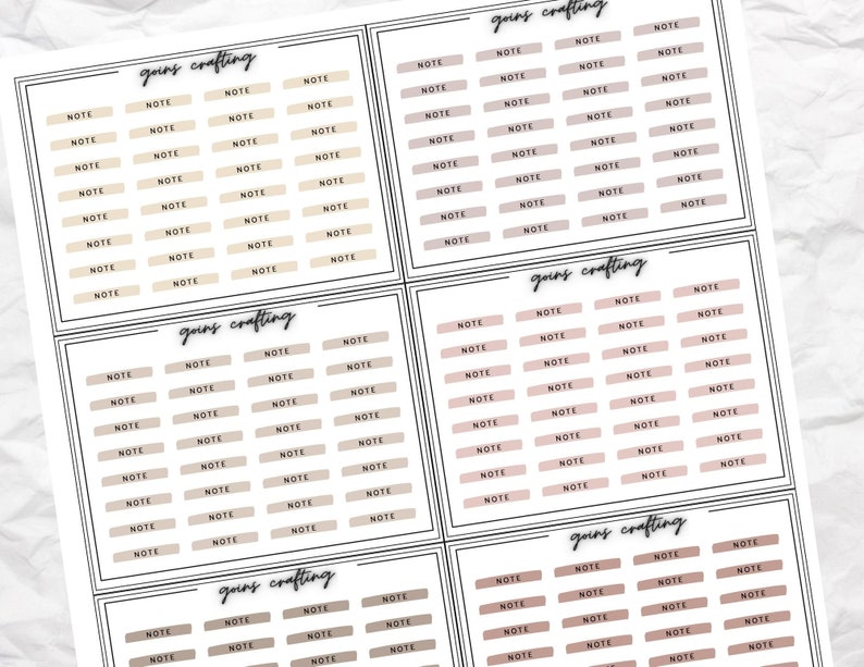 May include: A printable sheet of planner stickers with the text "goins crafting" and the word "NOTE" repeated multiple times in a grid pattern. The stickers are in various shades of brown and beige.