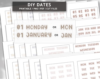 Naklejki na daty DIY, naklejki na minimalistyczne planery z datami, naklejki do dzienników, naklejki funkcjonalne, naklejki cyfrowe, naklejki do dzienników typu bullet journal