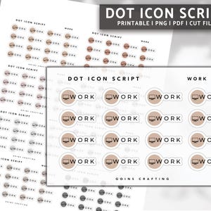 Può includere: Adesivi di icone a punti stampabili con la parola "LAVORO" in un cerchio marrone con un'icona di monitor del computer. Gli adesivi sono progettati per l'uso in un planner o in un bullet journal.