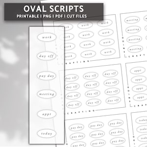 Peut inclure: Autocollants imprimables en noir et blanc avec des textes ovales tels que "work", "day off", "pay day", "meeting", "appt" et "today". Le texte "OVAL SCRIPTS" est en haut de l'image.
