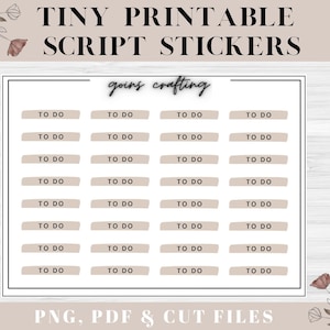 May include: Printable to-do list stickers with a minimalist design. The stickers are beige with black text that says "TO DO". The text "goins crafting" is written in black script at the top of the page. The image also includes floral illustrations.