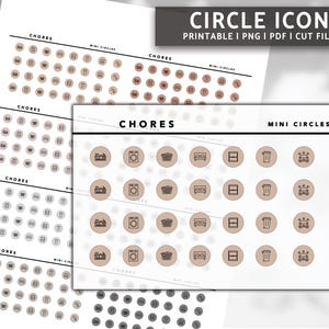 May include: Printable chore icons in black and white and brown on a white background. The icons include a house, washing machine, bed, dresser, trash can, car, and a spray bottle. The text "CHORES" and "MINI CIRCLES" is also included.