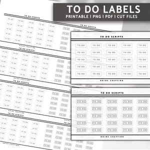 Op de afbeelding: Printbare to-do-lijstlabels met de tekst "To Do Scripts" en "Goins Crafting" in zwarte tekst op een witte achtergrond. De labels zijn in een rasterformaat met 5 kolommen en 6 rijen.