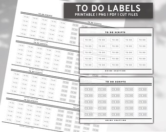 Pode incluir: Etiquetas de lista de tarefas imprimíveis com o texto "To Do Scripts" e "Goins Crafting" em texto preto sobre fundo branco. As etiquetas estão em um formato de grade com 5 colunas e 6 linhas.