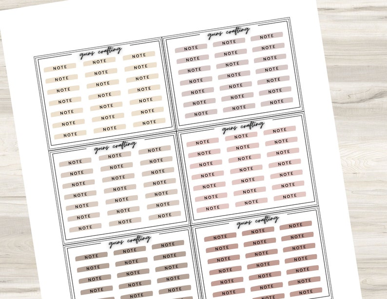 May include: A printable sheet with 60 blank note spaces, each labelled "NOTE" in black text. The sheet is divided into six sections, each with a black border and the text "going crafting" in black text. The background is white with a subtle beige and light brown pattern.