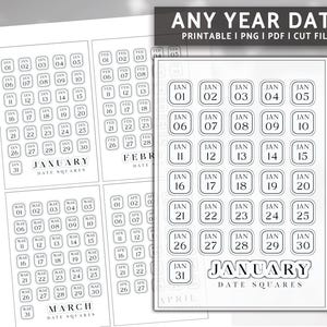ALLA ÅR staplade datumklistermärken, minimala plannerklistermärken, journalklistermärken, funktionella klistermärken, digitala klistermärken, bullet journal