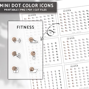 Op de afbeelding: Printbare fitness-iconen in een minimalistische stijl. De iconen omvatten een halter, een hardloopschoen, een waterfles, koptelefoon, een weegschaal en een yogamat. De iconen zijn in zwart en wit met een bruine omtrek.