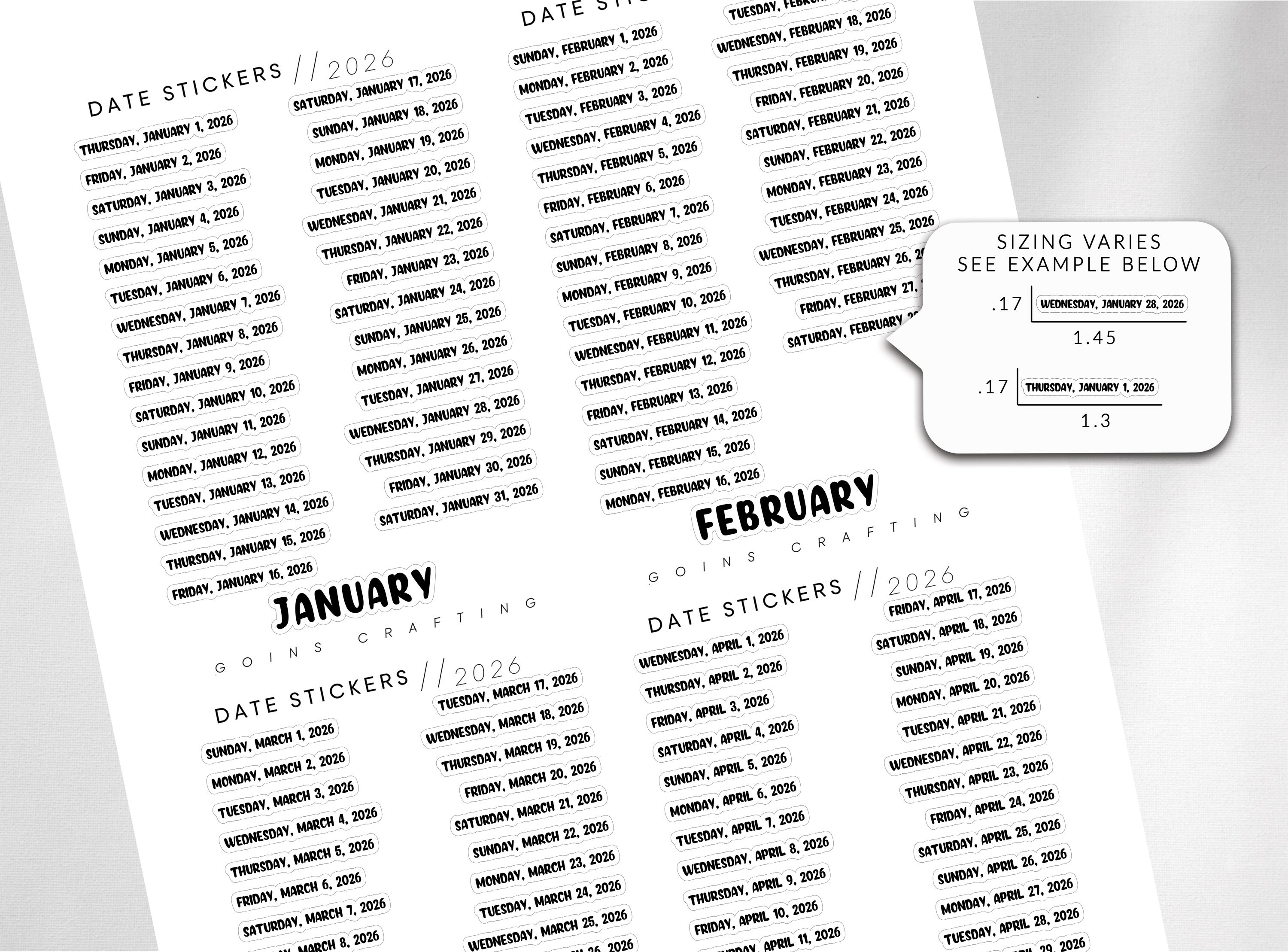 2026 LONG Date Stickers BOLD, Minimal Planner Stickers, Journal ...