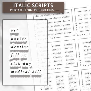 Puede incluir: Hoja de pegatinas imprimible con varias palabras relacionadas con la medicina y la veterinaria en fuente cursiva. Las palabras incluyen: veterinario, médico, dentista, receta, día de enfermedad y factura médica.