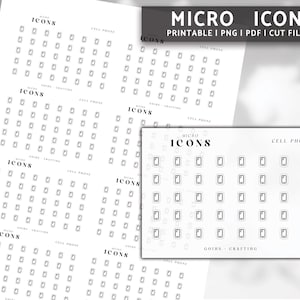 Peut inclure: Feuille imprimable de micro-icônes pour planificateurs et journaux. La feuille comprend 60 petites icônes de téléphone portable. Les icônes sont en noir et blanc et sont conçues pour être découpées et utilisées comme autocollants.
