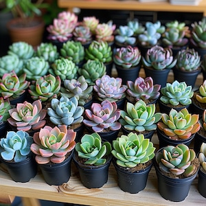 May include: A collection of potted succulents in various colors, including green, pink, and blue. The plants are arranged in neat rows on a wooden surface, each in a small black pot. The image showcases a variety of textures and hues.