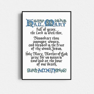 Hail Mary - Angelic Salutation - Catholic Illuminated Calligraphy Print, Wall Art for Religious Home, Christian Gift for Godmother, Wedding