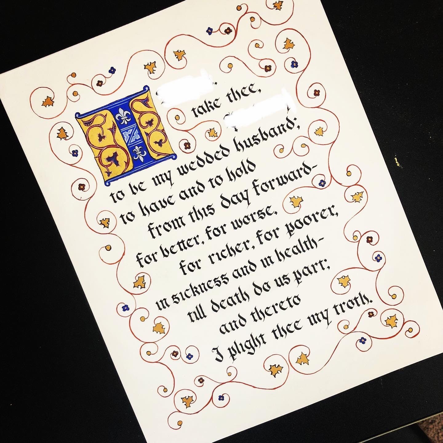 Christian Catholic Wedding Vows Custom Illuminated Calligraphy