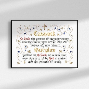 Oraciones para la vestimenta del monaguillo, en inglés o latín - Sotana y sobrepelliz - Regalo para sacerdote católico o para la ordenación, regalo para monaguillo católico