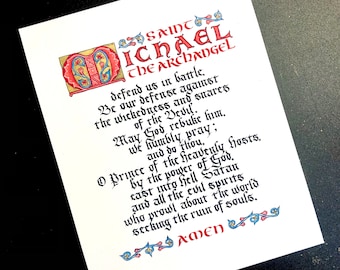 St Michael Prayer - Catholic Prayer Calligraphy Wall Art, Gift for Catholic Men, Godfather gift, Catholic Gift Ideas, Illuminated Manuscript