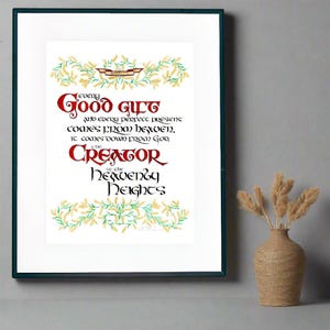 Gute Geschenke James 1:17 Katholischer Kunstdruck - Beleuchtete Schrift, Christliche Wanddekoration, Kalligraphie im keltischen Stil, Glaubensgeschenk