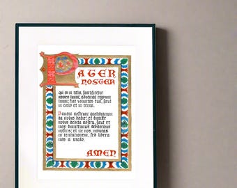 Pater Noster Print: Illuminated Latin Calligraphy, Catholic Art