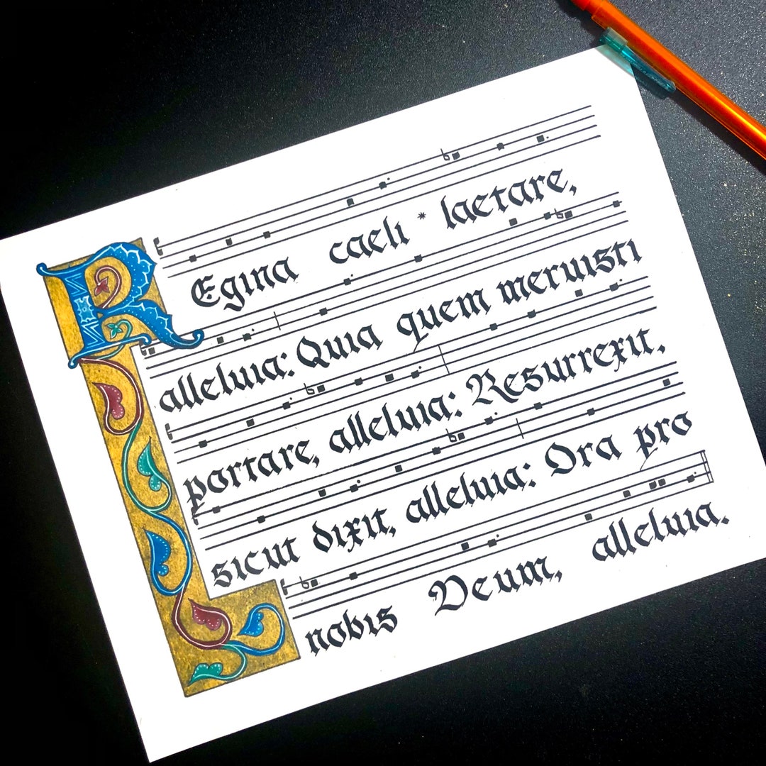 Regina Caeli Illuminated Calligraphy Gregorian Chant, Catholic Easter