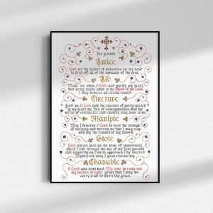 Priest's Vesting Prayers, English or Latin - Clergy Prayers Before Mass Calligraphy Art Print, Gift for Catholic Priest or Ordination Gift