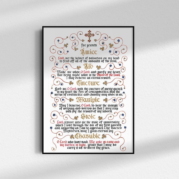 Priest's Vesting Prayers, English or Latin - Clergy Prayers Before Mass Calligraphy Art Print, Gift for Catholic Priest or Ordination Gift
