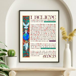 Nicenska trosbekännelsens konsttryck: Upplyst gotisk kalligrafi, helig kristen väggdekoration