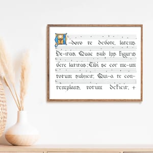 Pode incluir: Uma impressão emoldurada com texto manuscrito em tinta preta sobre fundo branco. O texto inclui notação musical e letras iniciais decorativas em azul, amarelo e vermelho. A moldura é de cor castanha quente. O texto diz "-doro te devote, latens..."