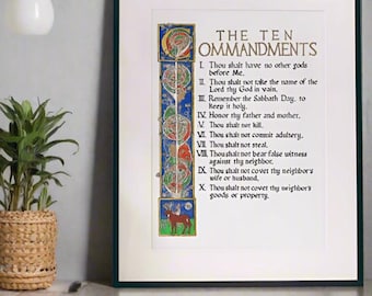 Stampa artistica di calligrafia cattolica dei Dieci Comandamenti: regalo illuminato