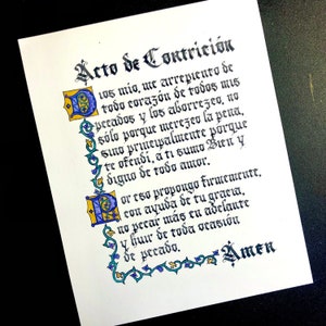 Acto de Contricion Illuminated Calligraphy Print - Spanish Act of Contrition - Gift for Priest, Church, Confessional Decor, Sacristy Decor