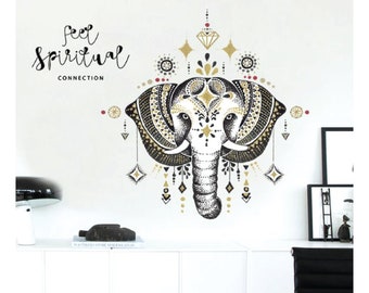 WallysWalls Rimovibile Elefante Mandala Meditazione Adesivo murale Buddha Boho Adesivo da parete per camera da letto Living Yoga Home Decor Adesivo in vinile
