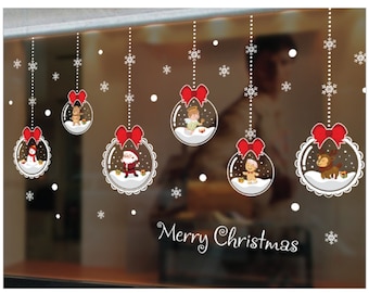 WallysWalls Christmas Window Stickers Holiday Decorations Santa Claus Deer Bell  Decals Snowflake Window Clings Home Shopwindow Restaurant