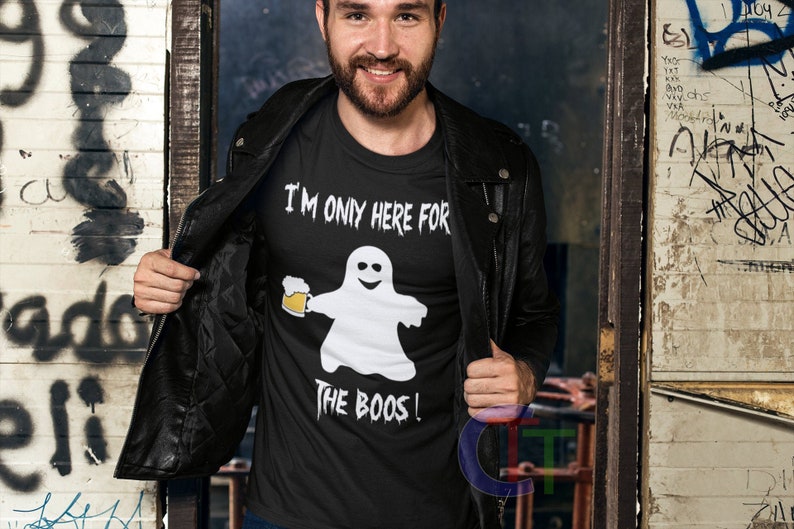 Mens trick or treat Tshirt Adult Halloween Beer shirt Halloween Costume Drinking Shirt I/'m only here for the BOOS shirt